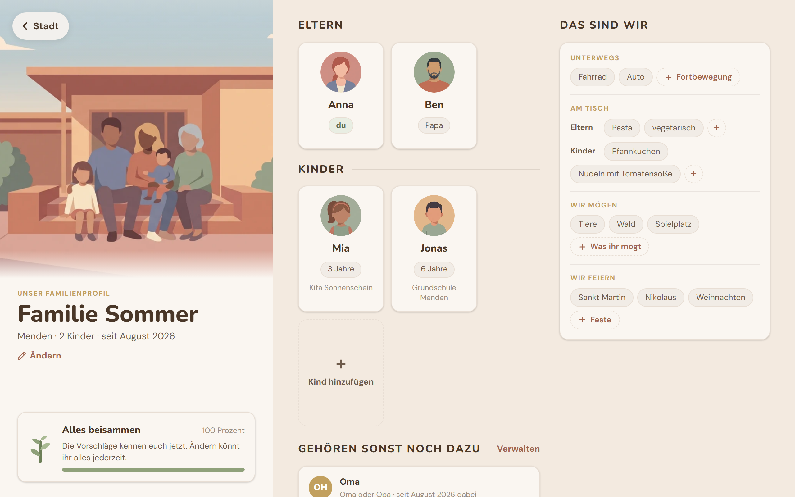 Familienprofil am Computer: Eltern, Kinder und was die Familie mag